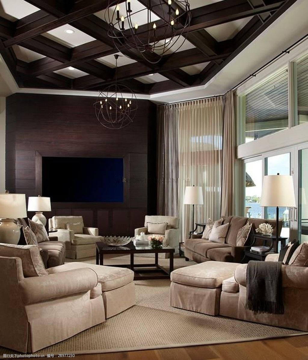 黑白简约现代客厅天花板装修效果图