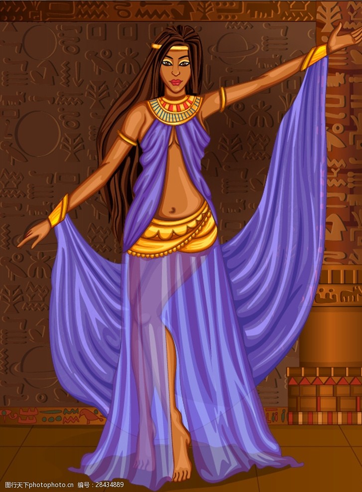 在古埃及宫殿中穿着紫色纱裙跳舞