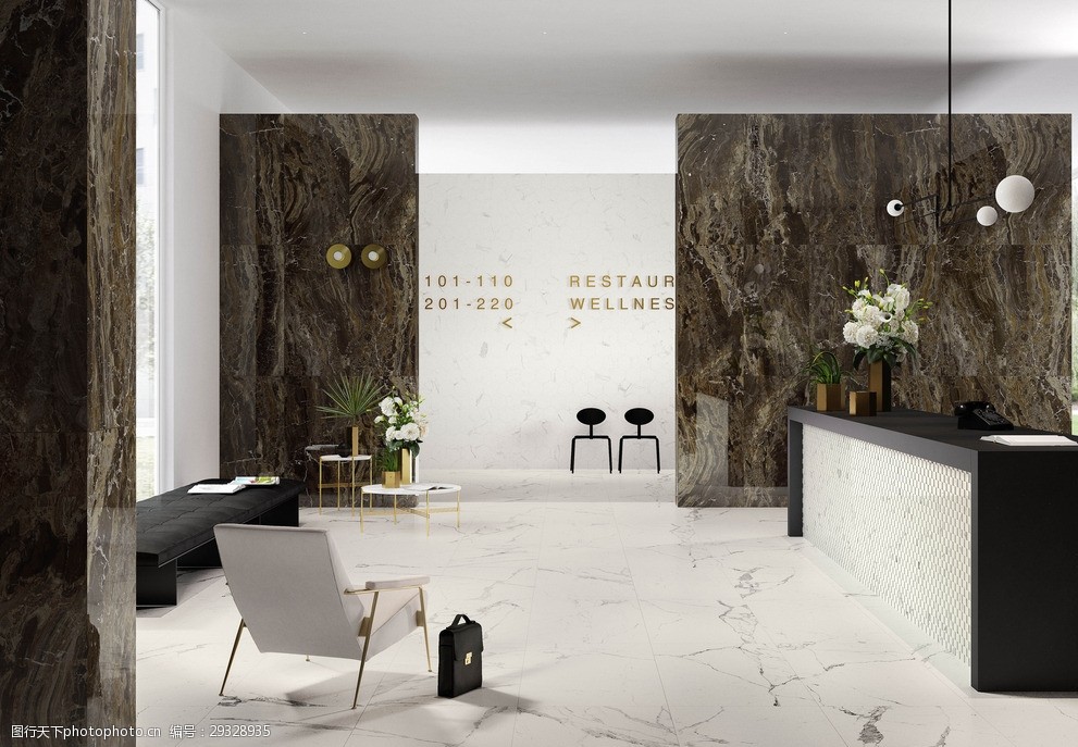 时尚大堂大理石瓷砖空间效果图